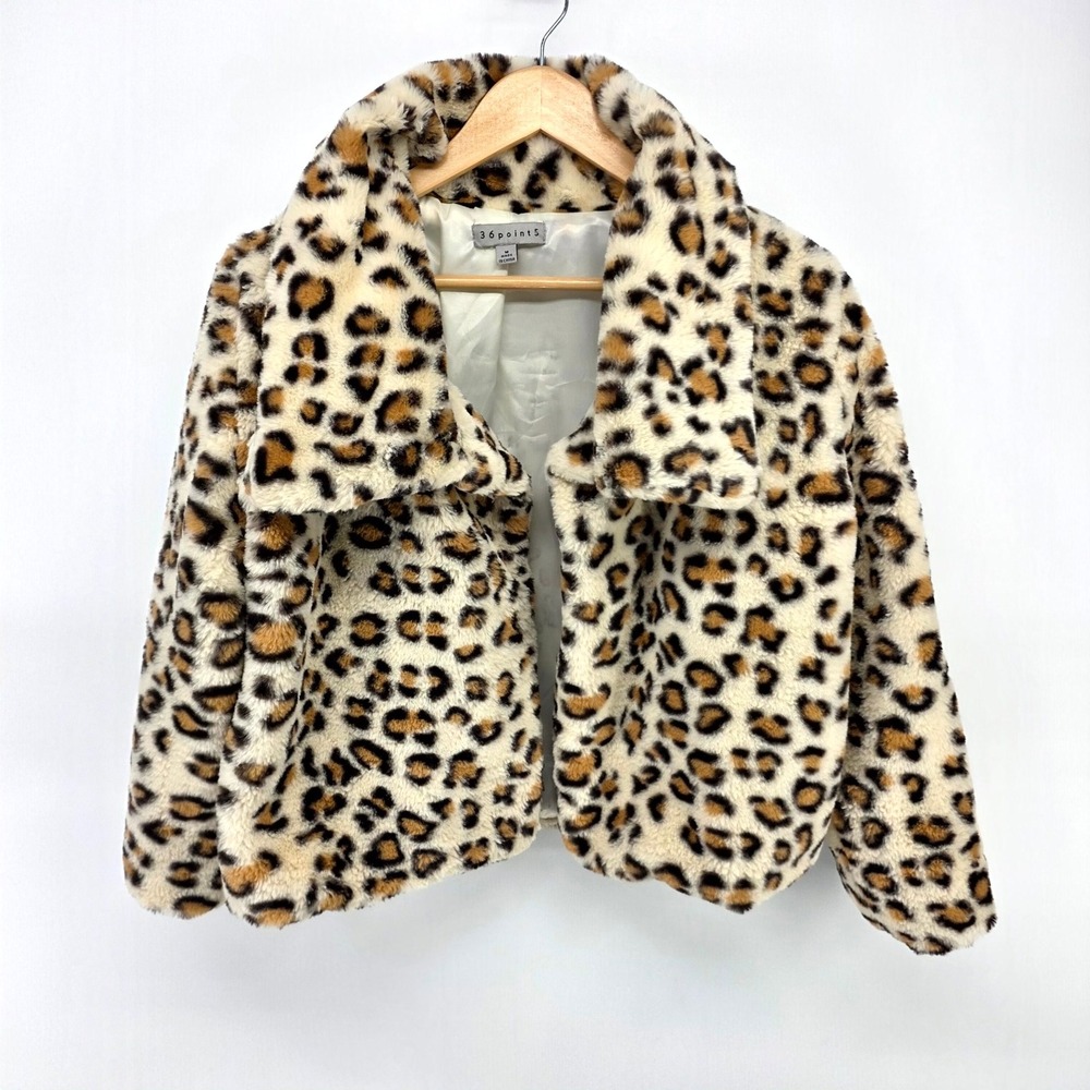 36point5 Faux Fur Jacket Womens Medium Leopard Print Cropped Animal Print JL2001